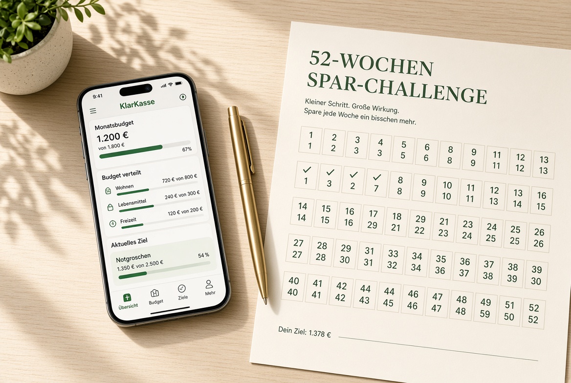 KlarKasse auf dem Handy neben der 52-Wochen-Sparchallenge